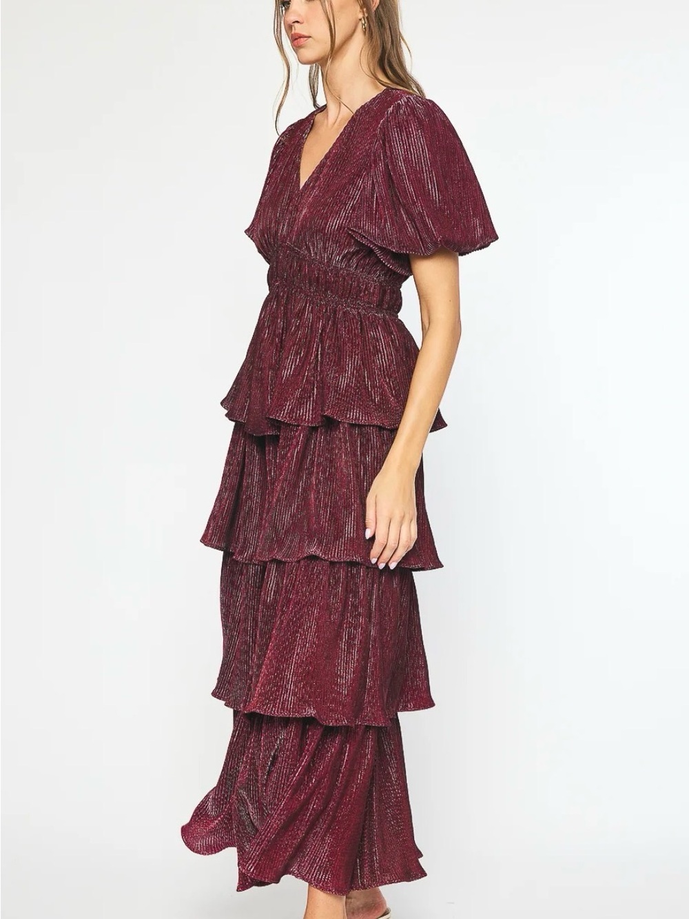 Entro Boutique Dress Tiered V-Neck Maxi Dress in Burgundy NWT sz Small